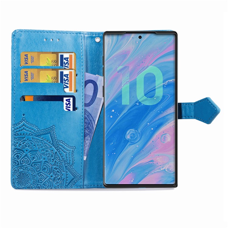 Imprinted Half Mandala Flower Leather Covering for Samsung Galaxy Note 10 - Blue-5