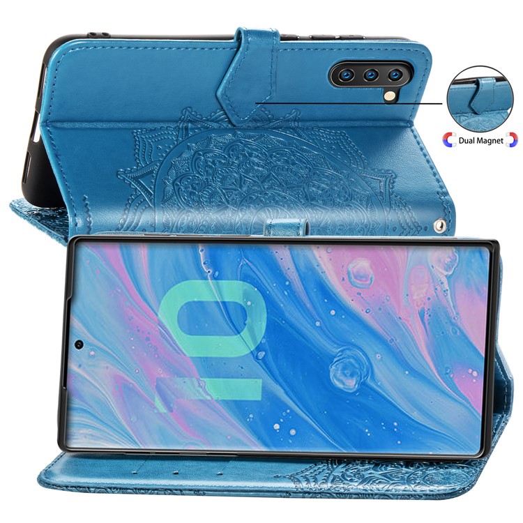 Imprinted Half Mandala Flower Leather Covering for Samsung Galaxy Note 10 - Blue-6