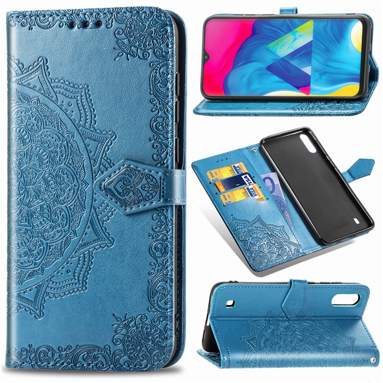 Imprinted Half Mandala Flower Leather Covering for Samsung Galaxy M10 - Blue-1