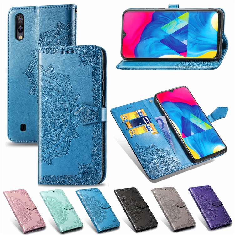 Imprinted Half Mandala Flower Leather Covering for Samsung Galaxy M10 - Blue-10