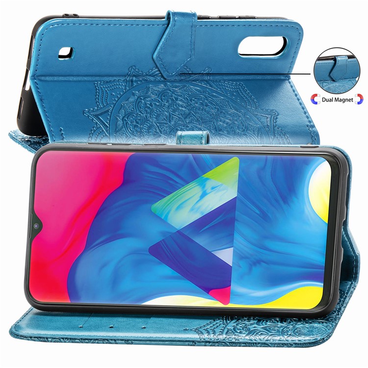 Imprinted Half Mandala Flower Leather Covering for Samsung Galaxy M10 - Blue-5