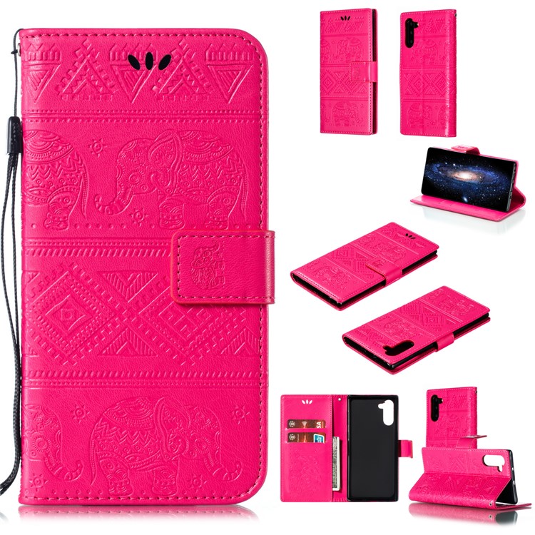 Imprint Elephant Leather Wallet Case for Samsung Galaxy Note 10 - Rose-1