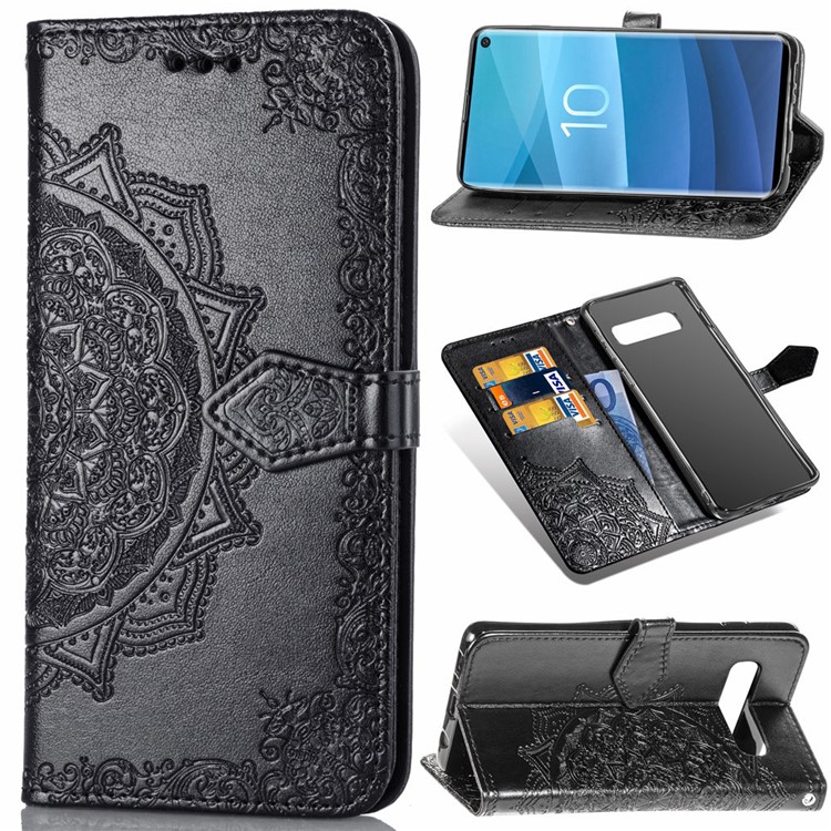 Embossed Mandala Flower Leather Wallet Case with Strap for Samsung Galaxy S10 - Black-1