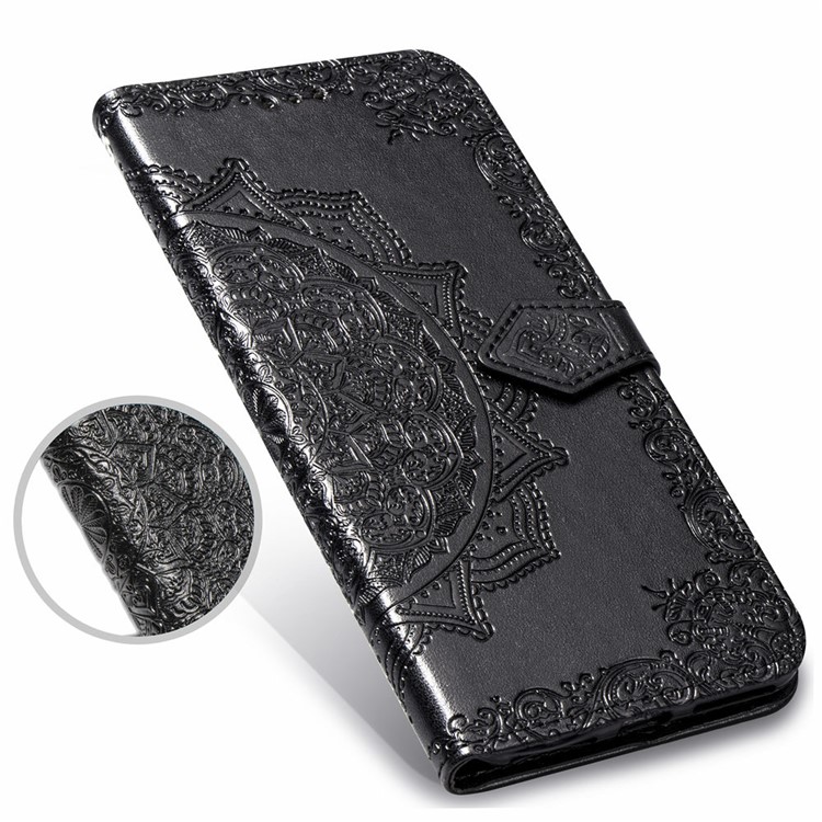 Embossed Mandala Flower Leather Wallet Case with Strap for Samsung Galaxy S10 - Black-8