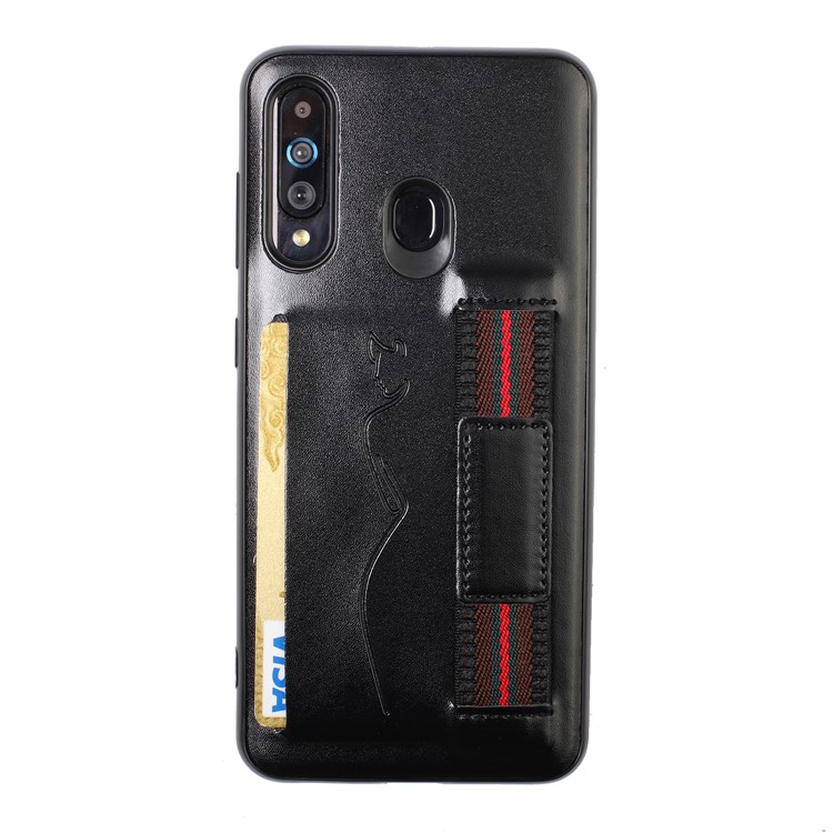 Card Holder PU Leather Coated TPU Back Case with Handy Strap for Samsung Galaxy A60 - Black-1