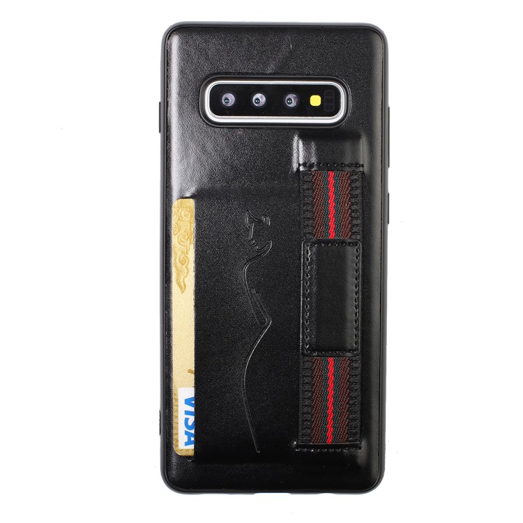 Finger Grip Holder Leather Coated TPU Card Holder Case for Samsung Galaxy S10 - Black-1