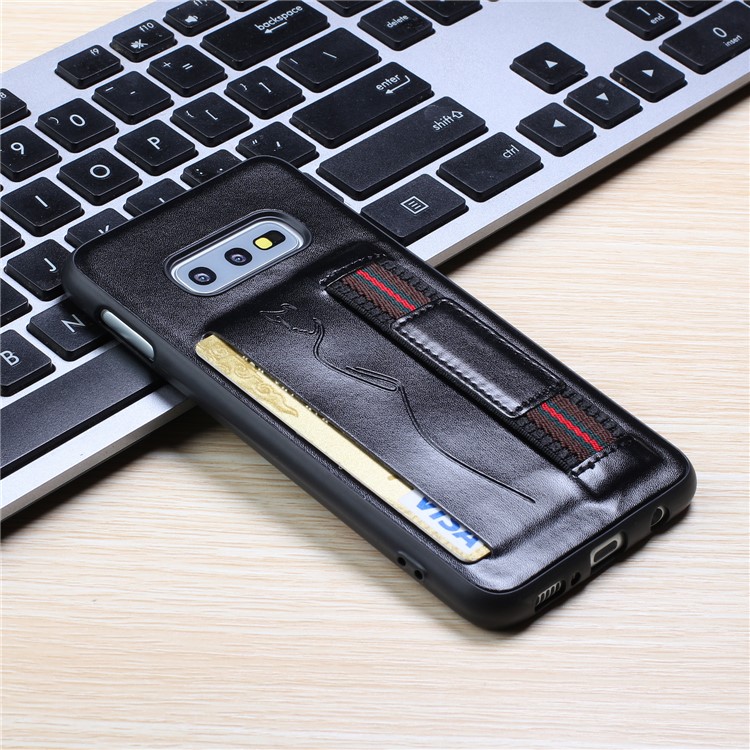 Finger Grip Holder Leather Coated TPU Cover with Card Slot for Samsung Galaxy S10e - Black-2