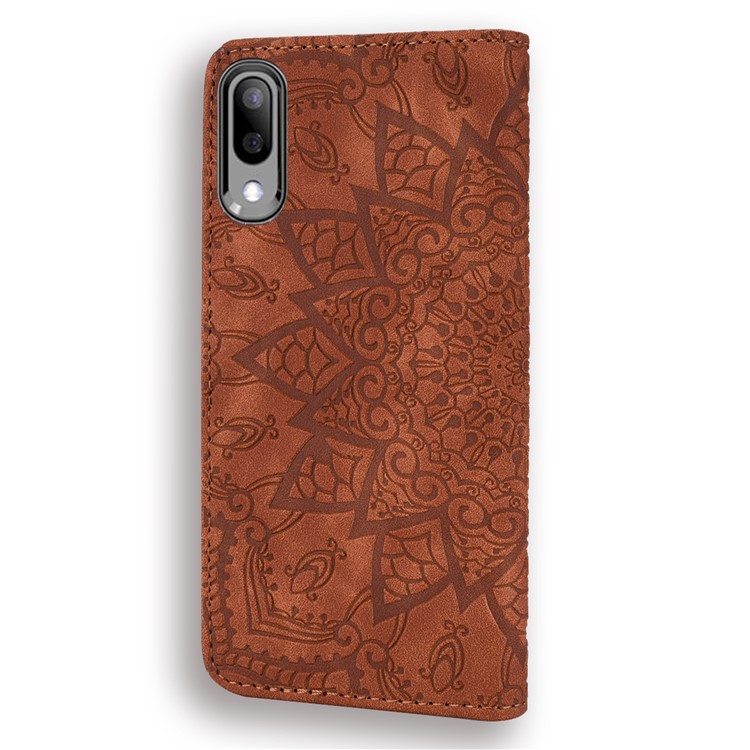 Imprint Flower Magnetic Leather Wallet Case for Samsung Galaxy A10/M10 - Brown-3