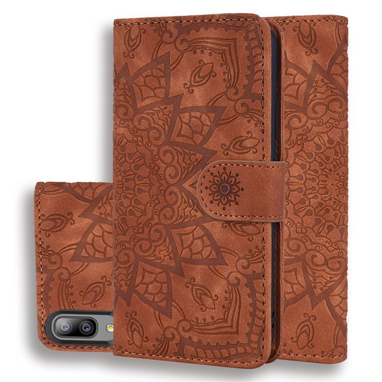 Imprint Mandala Flower Stand Wallet Leather Case Shell Cover for Samsung Galaxy A10e - Brown-1