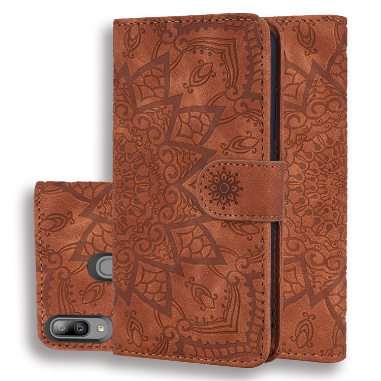 Imprinted Mandala Flower Leather Wallet Phone Case Shell for Samsung Galaxy A20/A30 - Brown-1