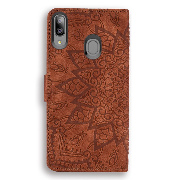 Imprinted Mandala Flower Leather Wallet Phone Case Shell for Samsung Galaxy A20/A30 - Brown-5