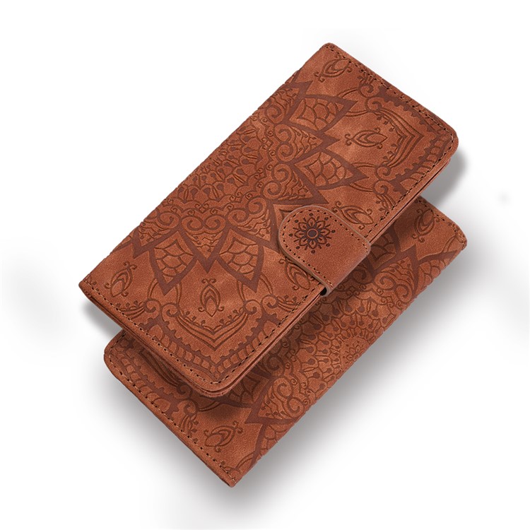 Imprinted Mandala Flower Leather Wallet Phone Case Shell for Samsung Galaxy A20/A30 - Brown-6