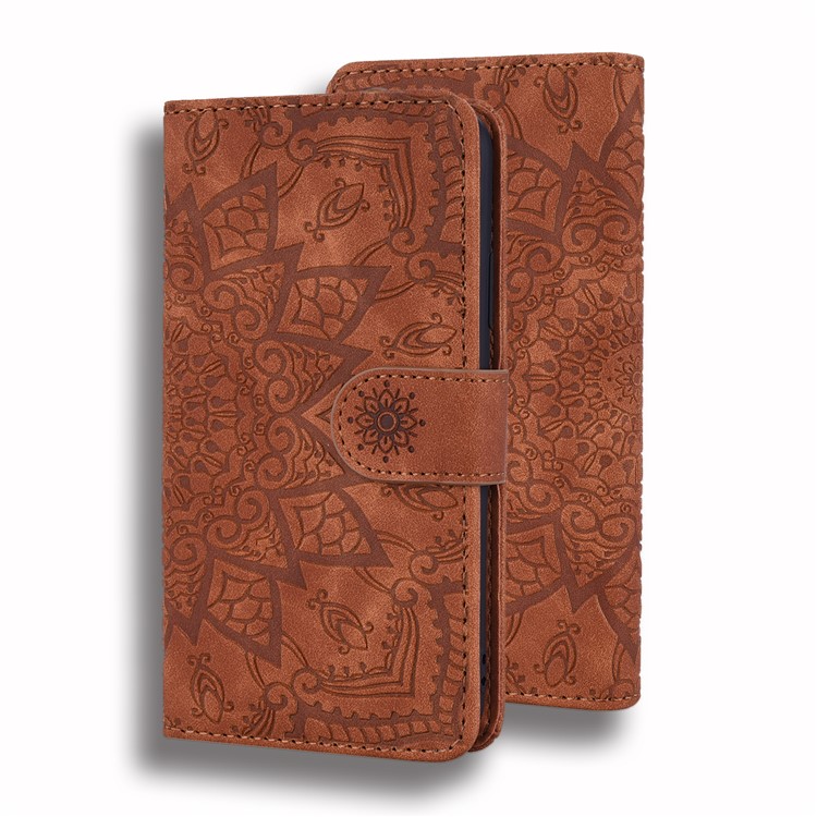 Imprinted Mandala Flower Leather Wallet Phone Case Shell for Samsung Galaxy A20/A30 - Brown-7