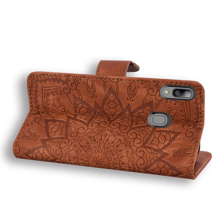 Imprinted Mandala Flower Leather Wallet Phone Case Shell for Samsung Galaxy A20/A30 - Brown-8