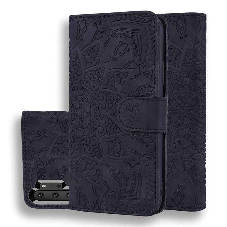 Imprint Flower Magnetic Leather Wallet Case for Samsung Galaxy Note 10 Plus - Black-1