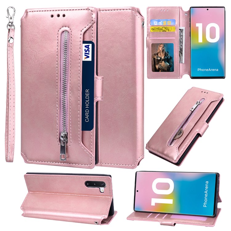 

Card Holder Zippered Wallet Leather Phone Case for Samsung Galaxy Note 10 / Note 10 5G - Rose Gold, Galaxy Note 10