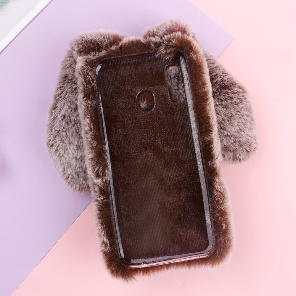Rabbit Shape Fluffy Fur Coated TPU Phone Case for Samsung Galaxy A20e - Coffee-3