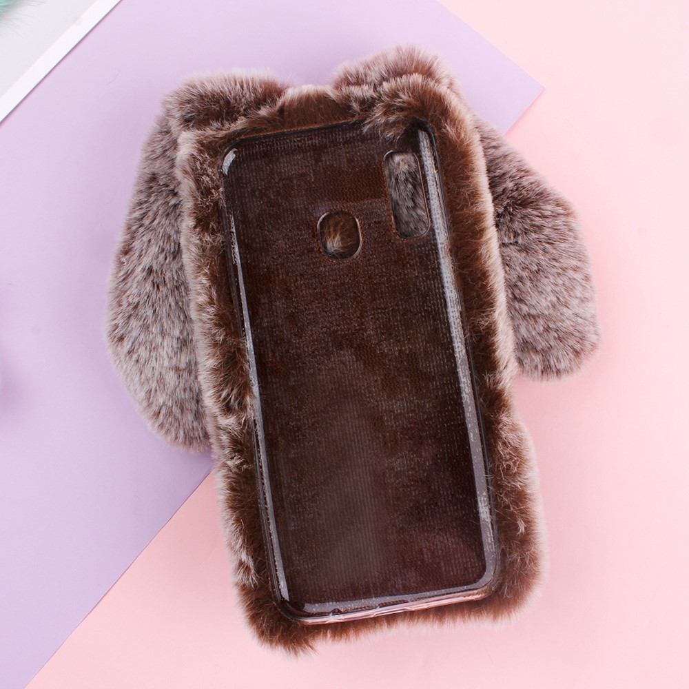 Rabbit Shape Fluffy Fur Coated TPU Phone Case for Samsung Galaxy A20e -  Coffee-3