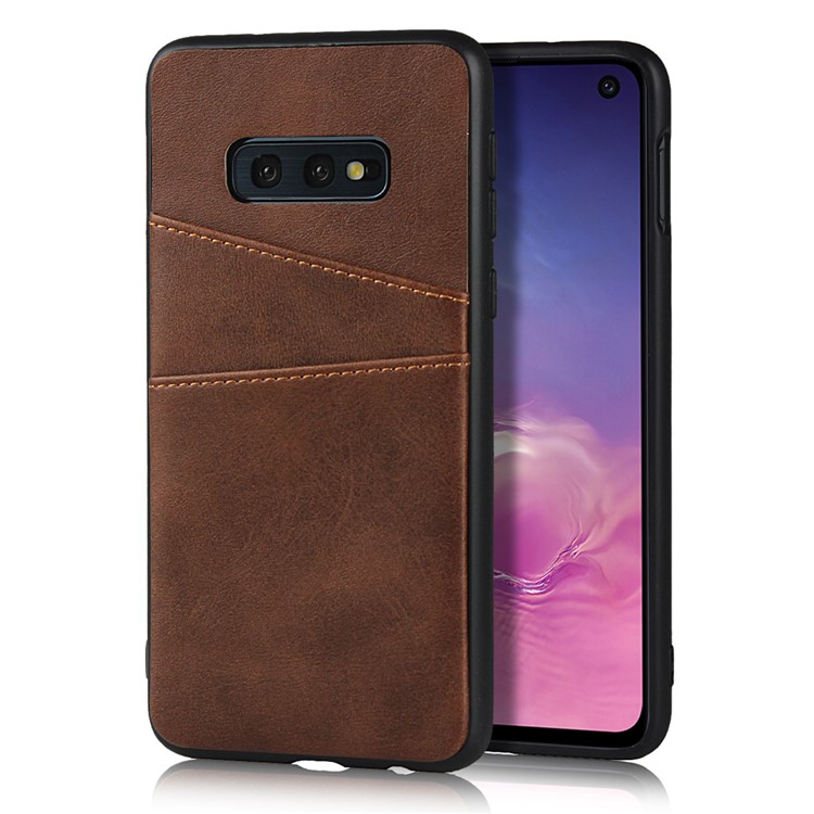 PU Leather Coated Hard PC Phone Casing Dual Card Slots Cover for Samsung Galaxy S10e - Coffee-1