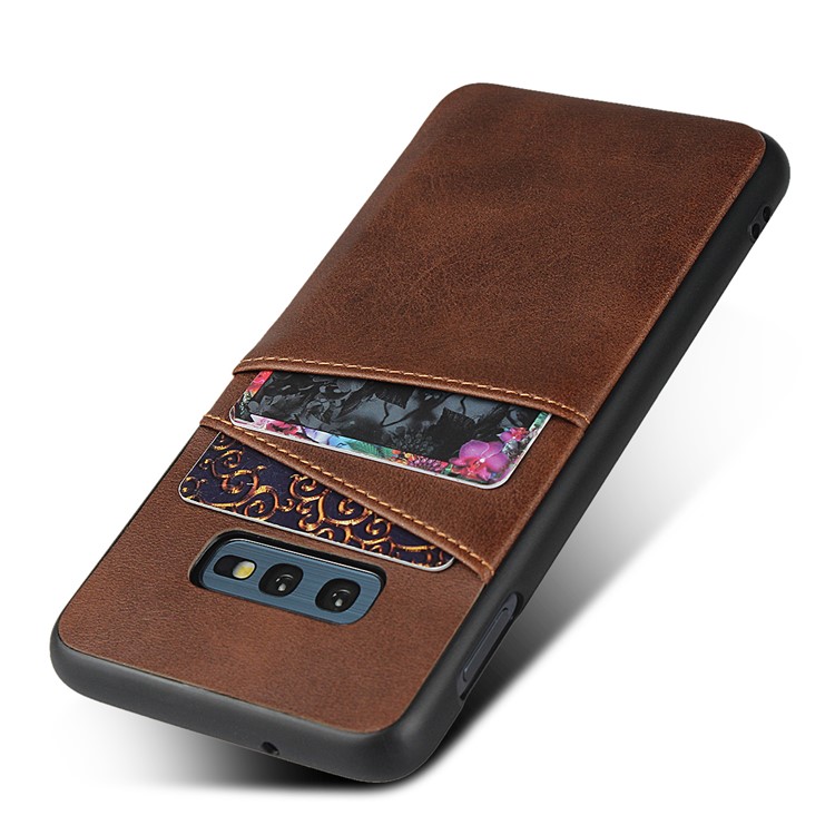 PU Leather Coated Hard PC Phone Casing Dual Card Slots Cover for Samsung Galaxy S10e - Coffee-4