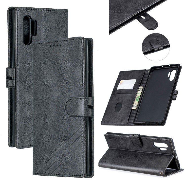Estande De Couro Com Slots Para Cartão Para Samsung Galaxy Note 10 Plus / Nota 10 Mais 5G - Preto-1