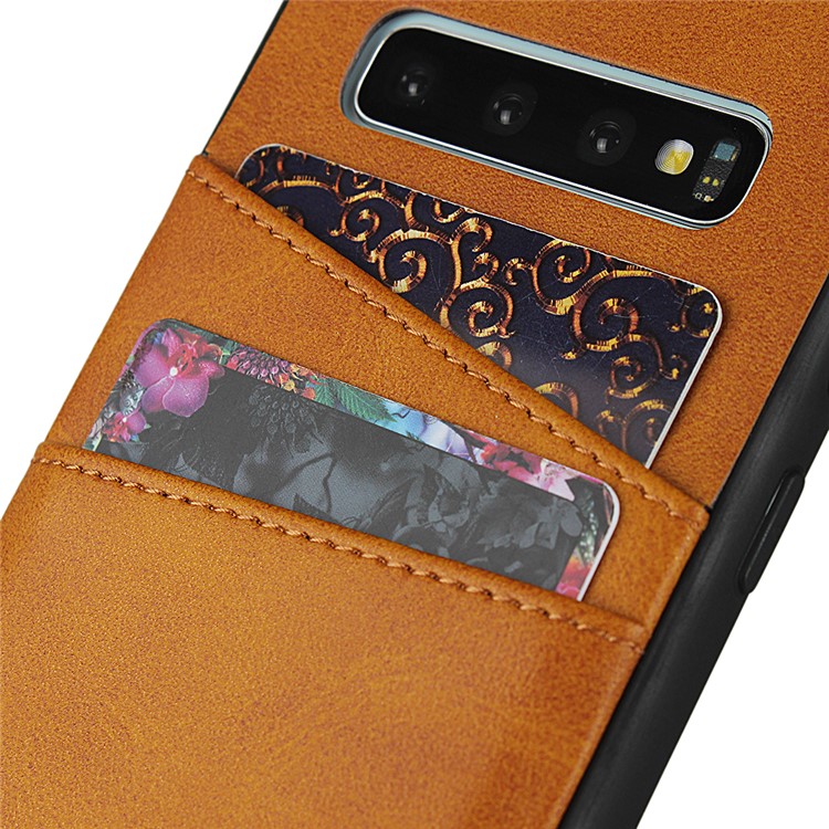 PU Leather Coated Hard PC Cell Casing Dual Card Slots Cover for Samsung Galaxy S10 Plus - Brown-7