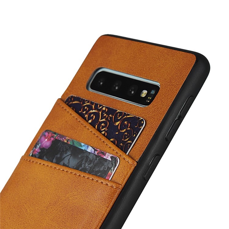 PU Leather Coated Hard PC Cell Casing Dual Card Slots Cover for Samsung Galaxy S10 Plus - Brown-8