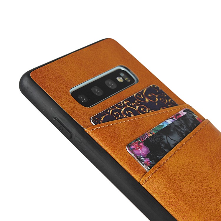 PU Leather Coated Hard PC Cell Casing Dual Card Slots Cover for Samsung Galaxy S10 Plus - Brown-9