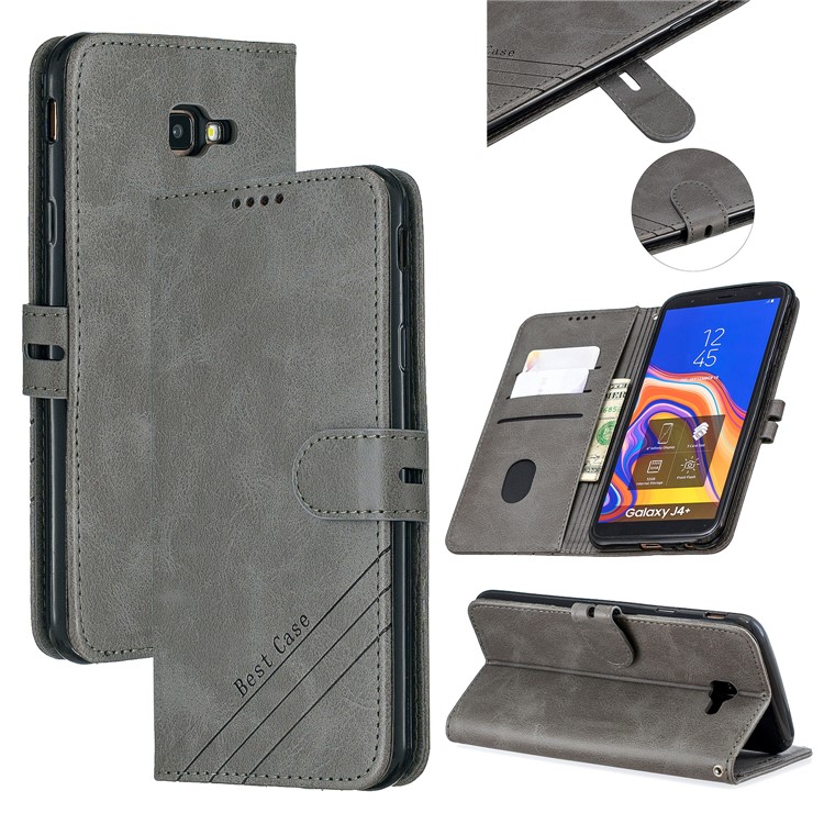 Carteira De Couro Pu Stand Shell Invólucro Para Samsung Galaxy J4 + / J4 Plus - Cinzento-1