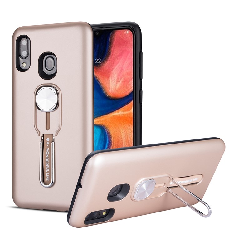 Finger Ring Kickstand PC + TPU Hybrid Case with Finger Holder Strap for Samsung Galaxy A20 - Rose Gold-1