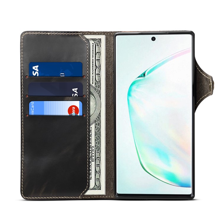 Oil Wax Genuine Leather Wallet Cell Shell Case for Samsung Galaxy Note 10 / Note 10 5G - Black-5