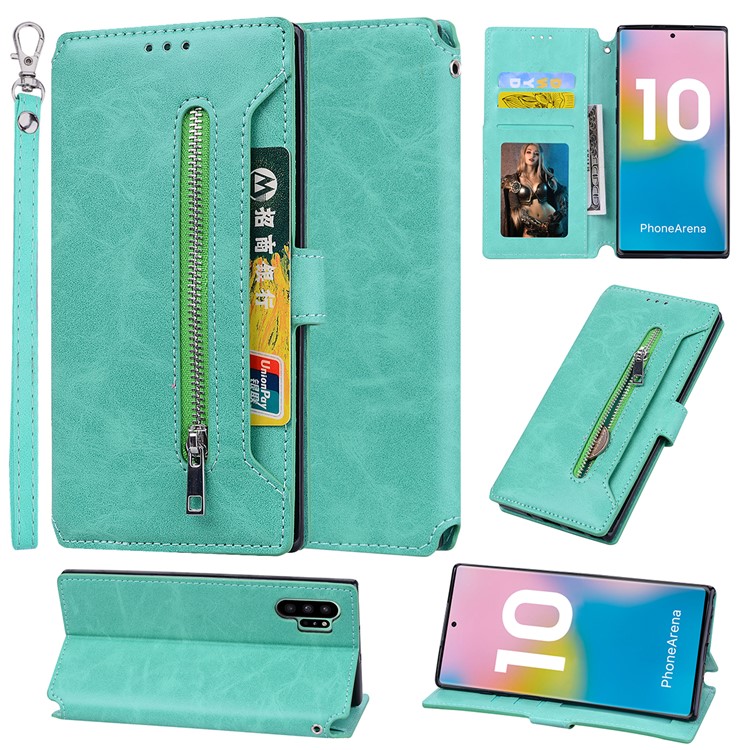 

Держатель Карты Кожаный Бумажник На Молнии Для Телефона Samsung Galaxy Note 10 Плюс / Примечание 10 Плюс 5G - Циан, Galaxy Note 10 Plus 5G