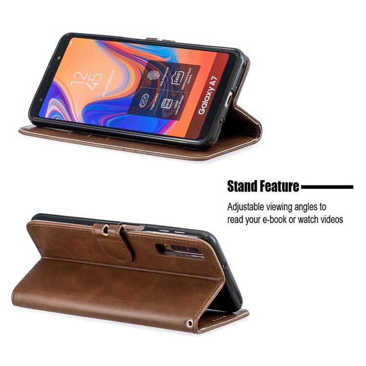 Leather Case Wallet Stand Phone Shell for Samsung Galaxy A7 (2018)/A750 - Coffee-6