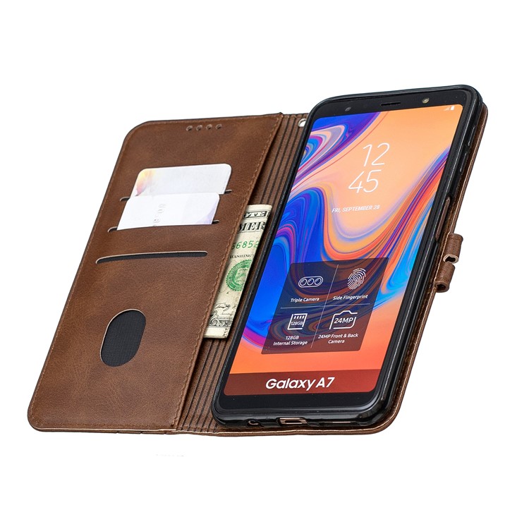 Leather Case Wallet Stand Phone Shell for Samsung Galaxy A7 (2018)/A750 - Coffee-8