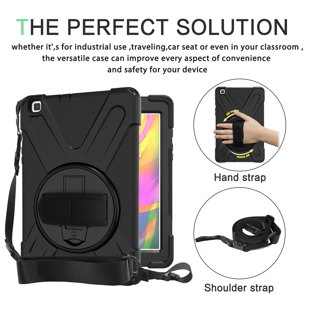 Case Combo PC + TPU à Forme x / Kickstand Pivotant à 360 Degrés / Sangle à Main et Bandoulière Pour Samsung Galaxy Tab A 8.0 (2019) SM-T290 SM-T295 - le Noir