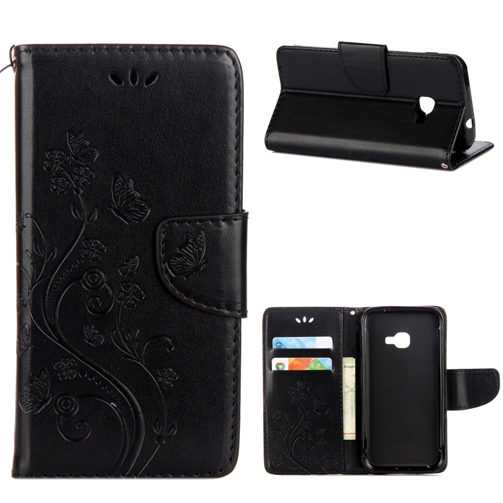 Imprint Butterfly Flower PU Leather Wallet Case for Samsung Galaxy Xcover 4s - Black-1