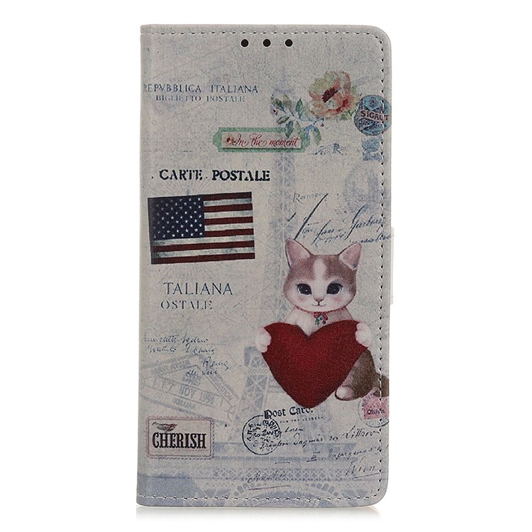 Pattern Printing Leather Wallet Case for Samsung Galaxy A10s - Cat Holding Heart and American Flag-1