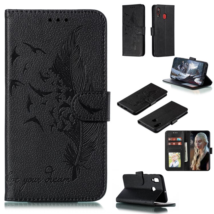 Litchi Texture Imprint Feather Flower Wallet Leather Case with Stand for Samsung Galaxy A20/A30 - Black-1