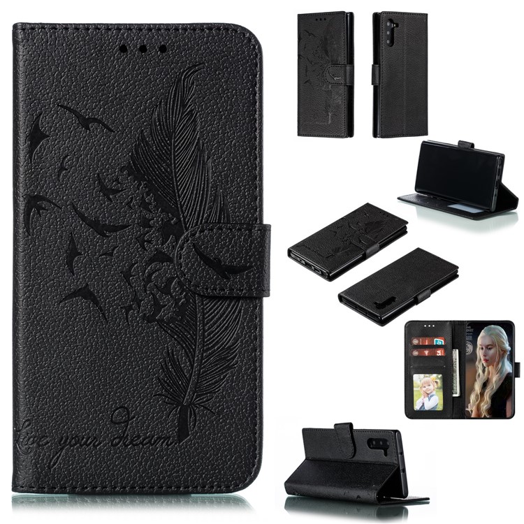 For Samsung Galaxy Note 10/Note 10 5G Litchi Texture Imprint Feather Stand Wallet Leather Case - Black-1