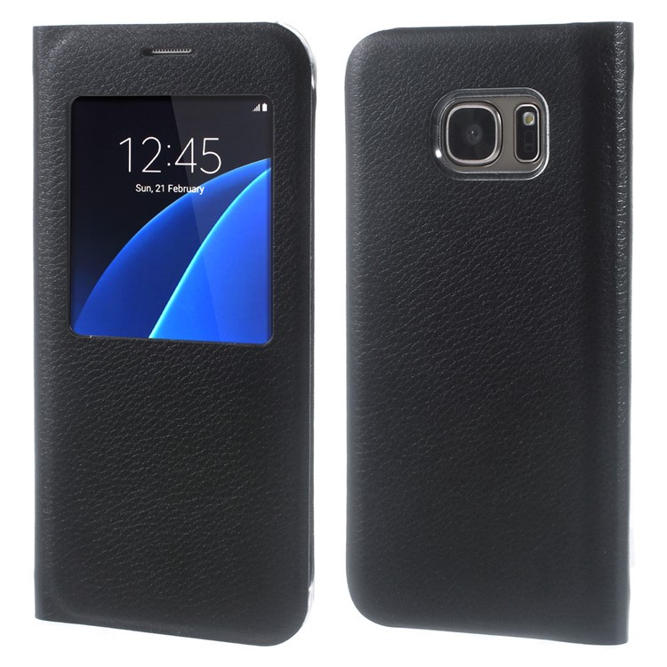 Litchi Grain Window View Leather Case for Samsung Galaxy S7 G930 - Black