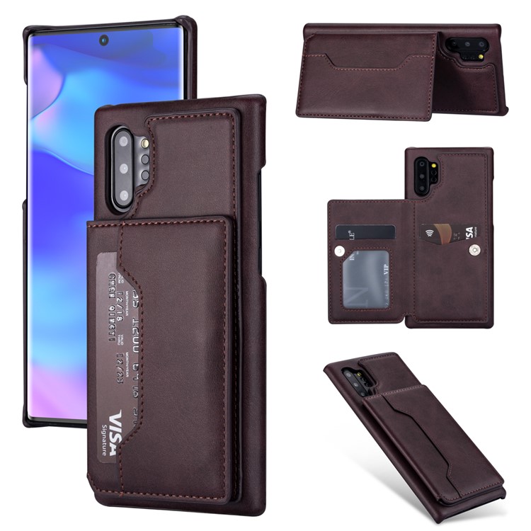 Couro Pu + Titular Do Cartão Pc Kickstand Phone Case Para Samsung Galaxy Note 10 Plus 5g / Note 10 Plus - Café-1