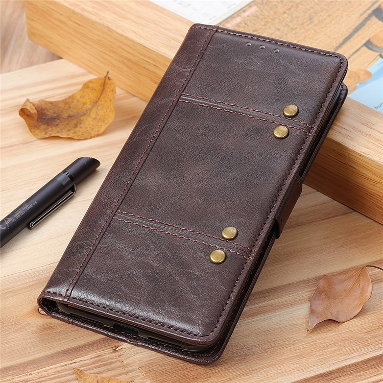 Rivet Decorated Leather Wallet Case for Samsung Galaxy A20s - Brown-12