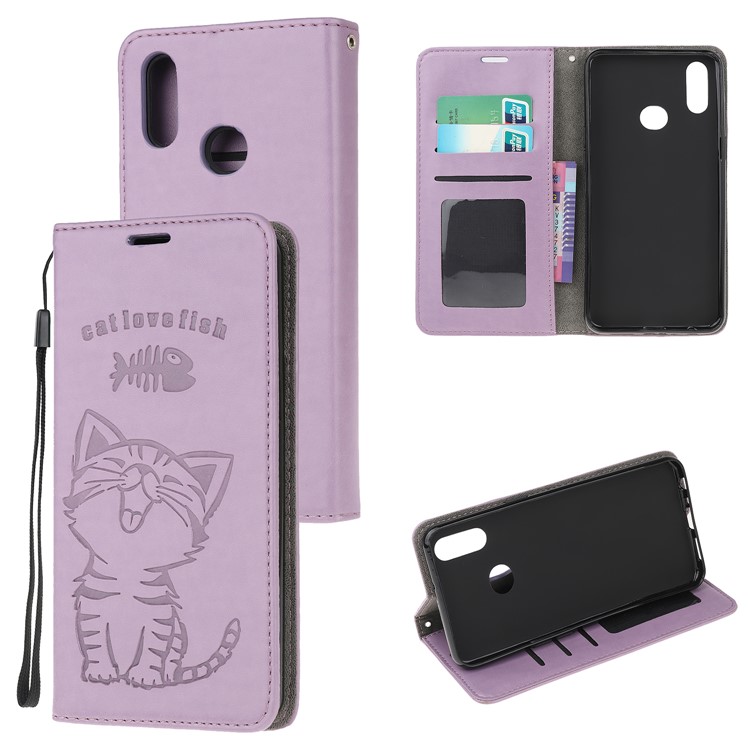 Auto-absorbed Imprint Cat Fish Bone Leather Wallet Case for Samsung Galaxy A10s - Light Purple-1