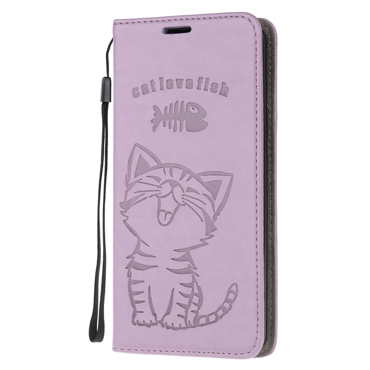 Auto-absorbed Imprint Cat Fish Bone Leather Wallet Case for Samsung Galaxy A10s - Light Purple-2