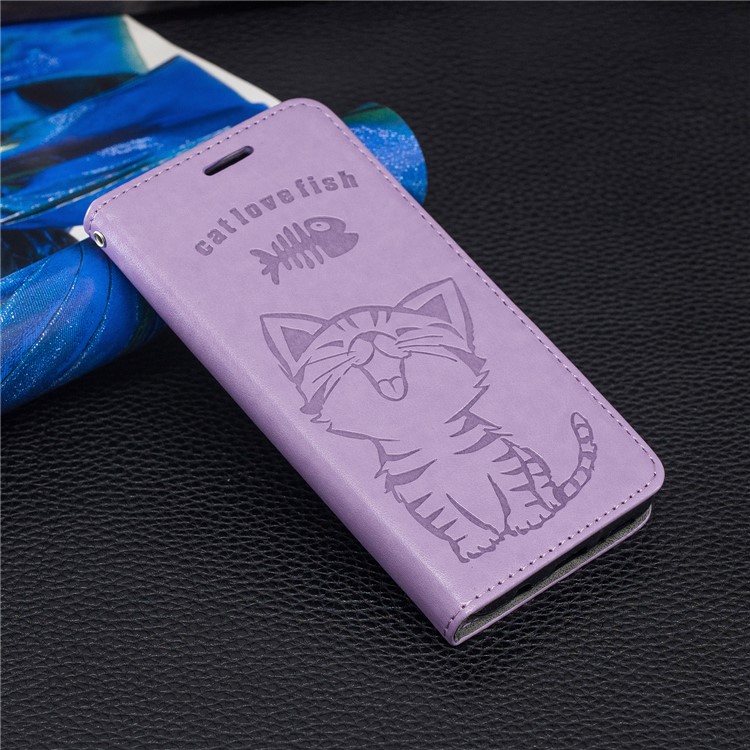 Auto-absorbed Imprint Cat Fish Bone Leather Wallet Case for Samsung Galaxy A10s - Light Purple-6