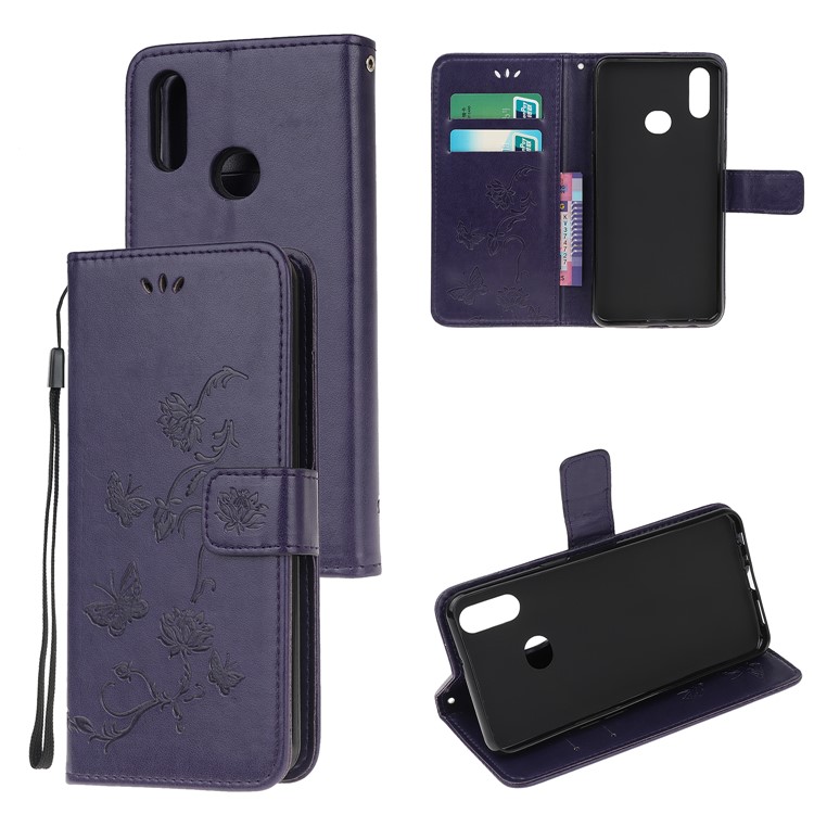 Imprint Butterflies Pattern Wallet Stand Flip Leather Case for Samsung Galaxy A10s - Dark Purple-1