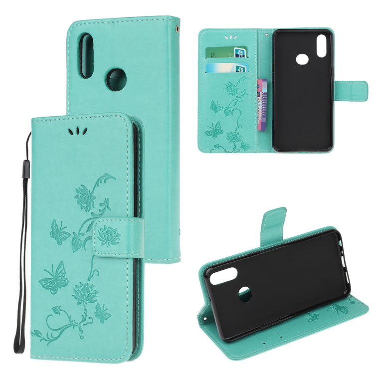 Imprint Butterflies Pattern Wallet Stand Flip Leather Case for Samsung Galaxy A10s - Cyan-1