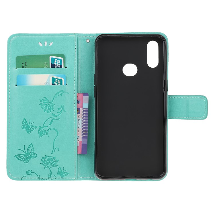 Imprint Butterflies Pattern Wallet Stand Flip Leather Case for Samsung Galaxy A10s - Cyan-6