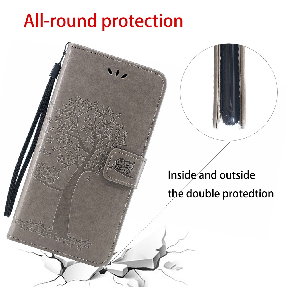 Imprint Tree Owl Leather Wallet Case for Samsung Galaxy A10s - Grey-5