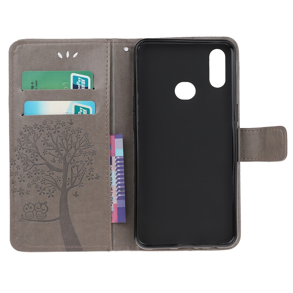 Imprint Tree Owl Leather Wallet Case for Samsung Galaxy A10s - Grey-6